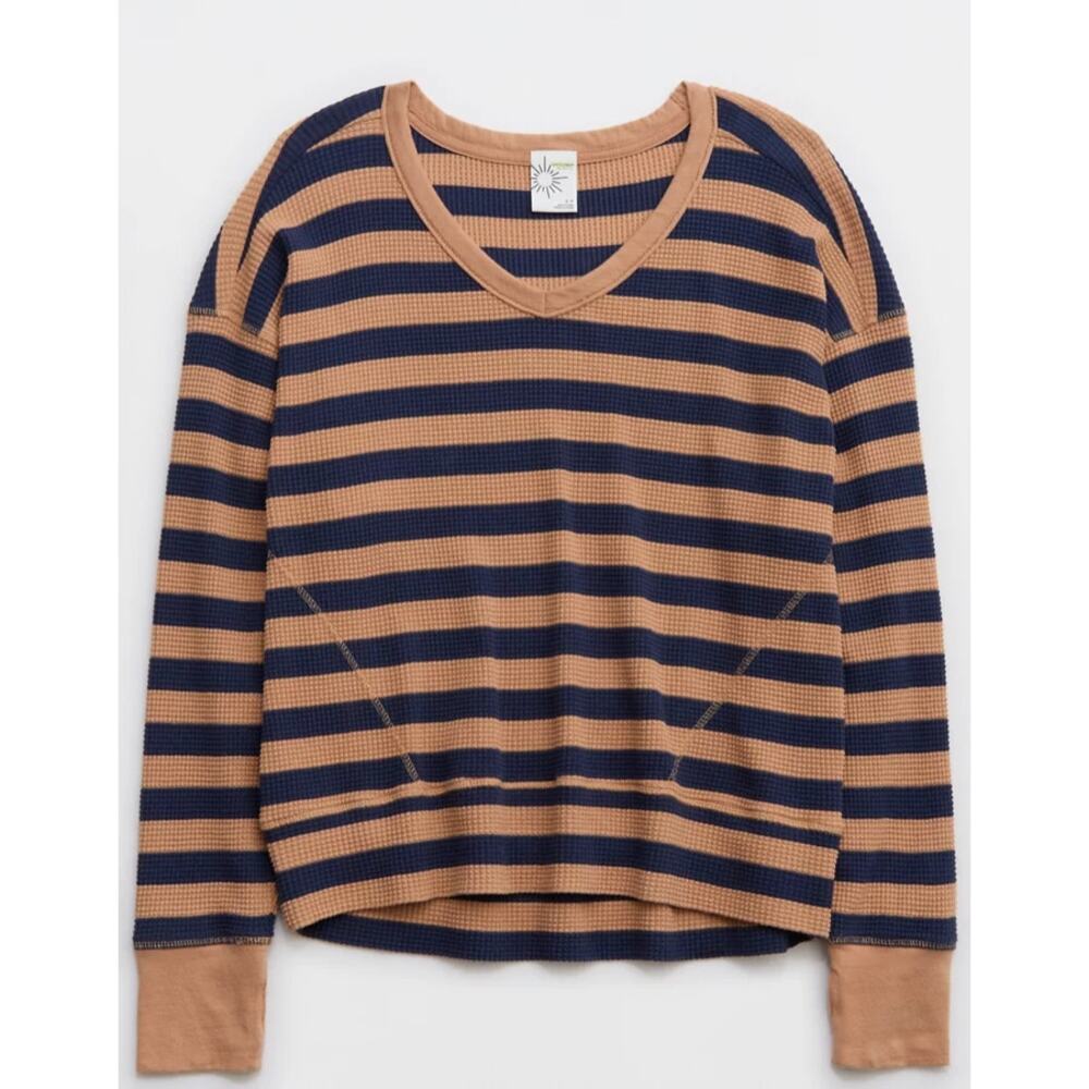 Offline by Aerie Tan Navy Striped Waffle Knit Top Slouchy Relaxed Size Small